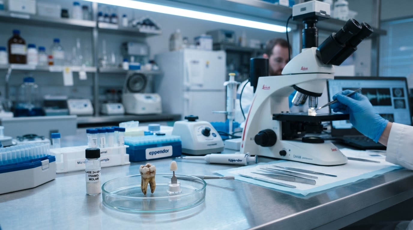 Analyzing an old tooth sample in a modern forensic laboratory