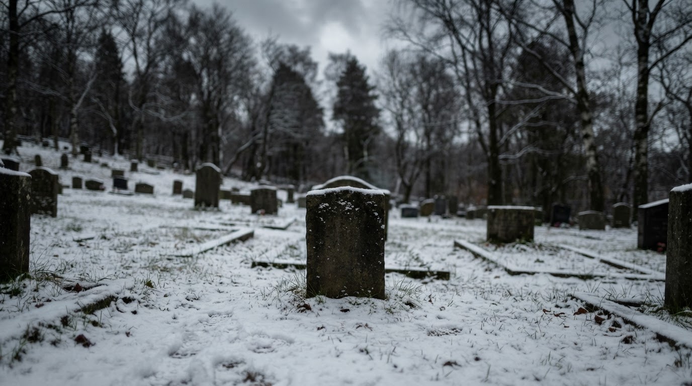 A snow-covered, nameless grave marker in a Bergen cemetery