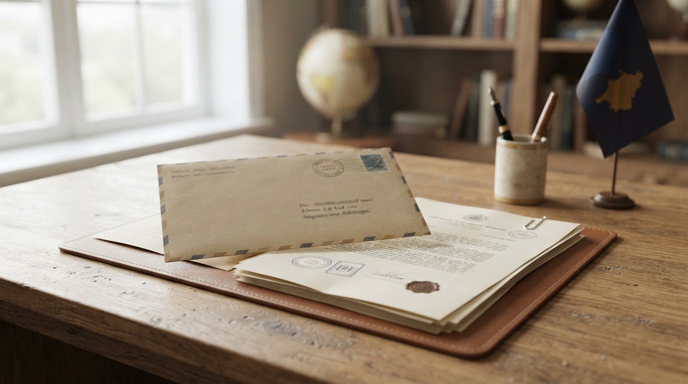 A desk with an international mail envelope and official documents, symbolizing cooperation between nations (no text)