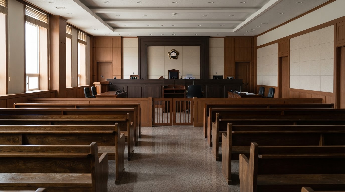 The interior of an empty Korean courtroom, unoccupied gallery benches and a quiet room