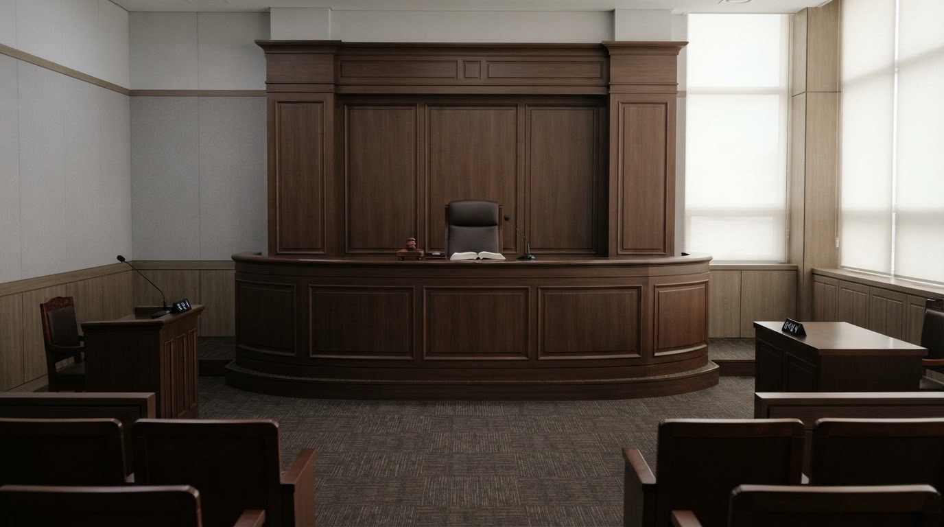 The quiet front of a Korean courtroom, an empty judge's bench and calm lighting