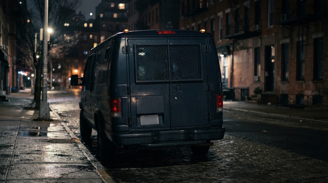 The rear view of an empty transport vehicle symbolizing escort, parked on a night street (non-violent, no people)