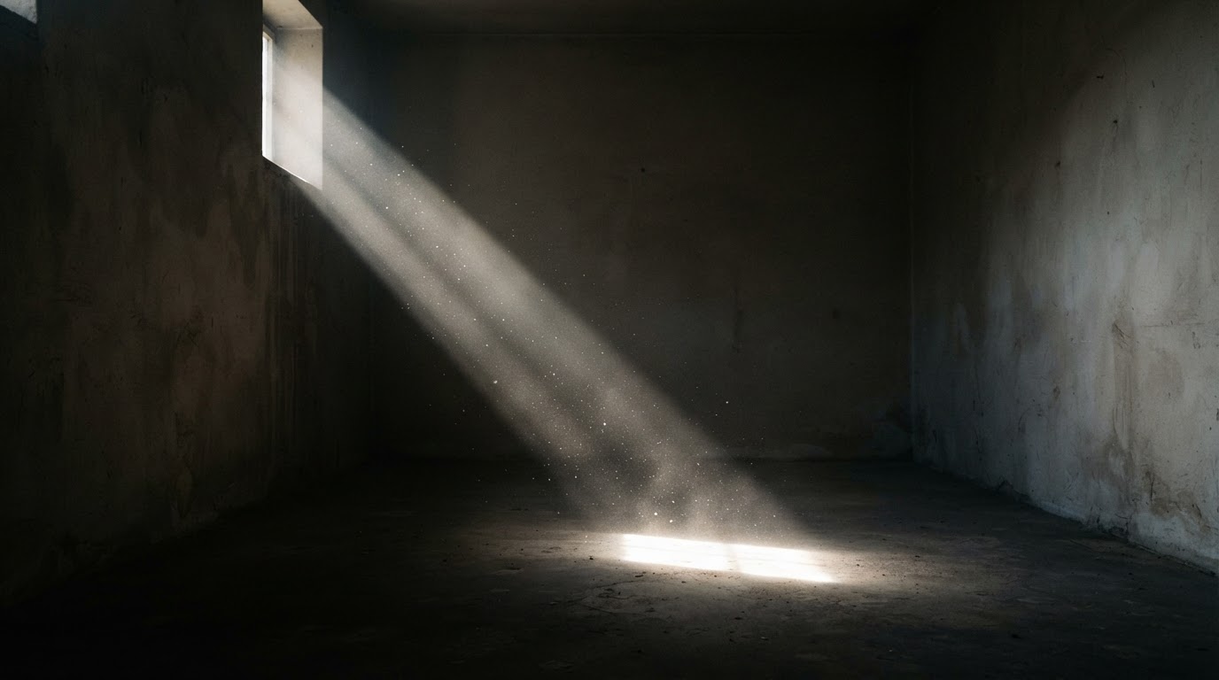 A single beam of light breaking through darkness, a calm image symbolizing truth