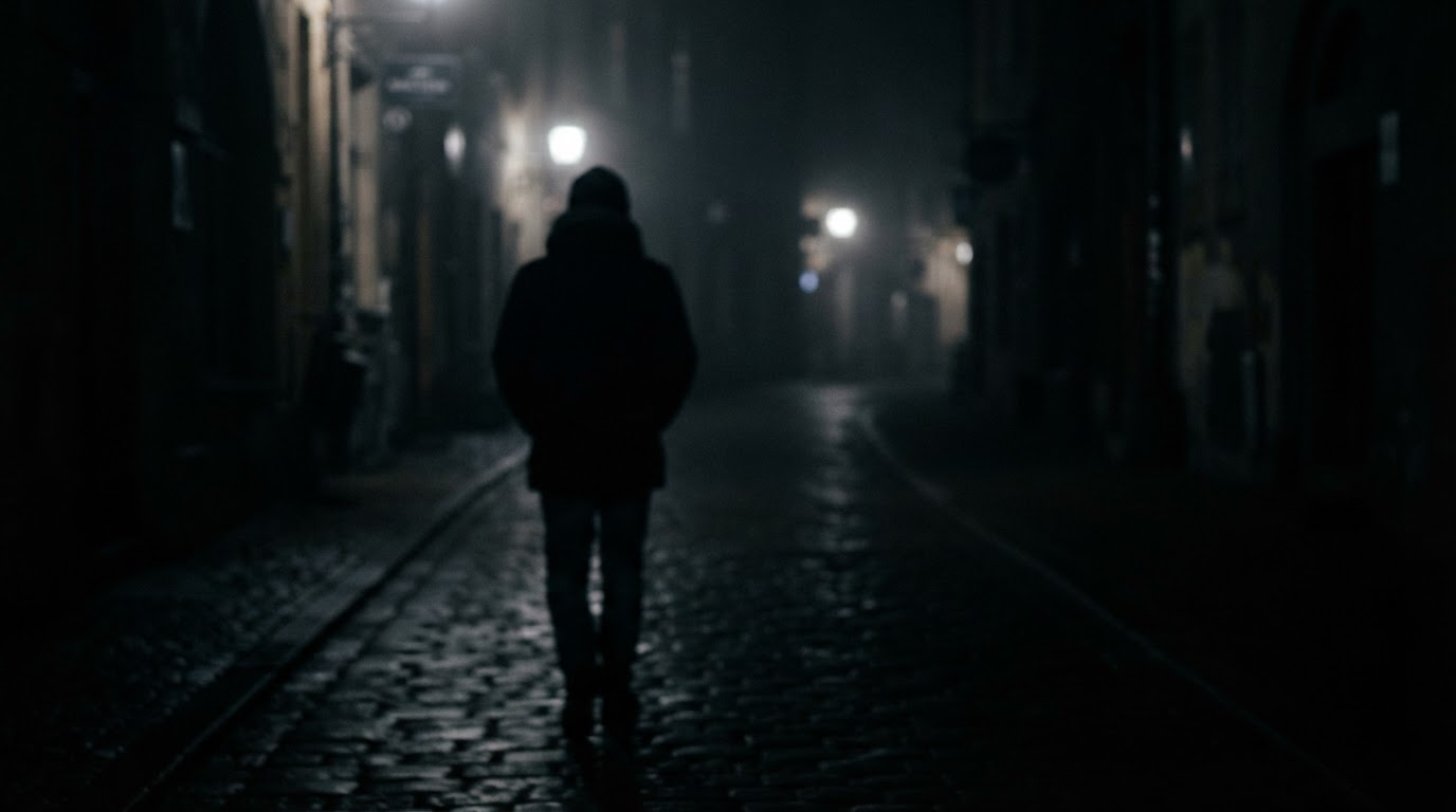 A blurred silhouette seen from behind, a figure's shadow fading into a dark background (face not identifiable)