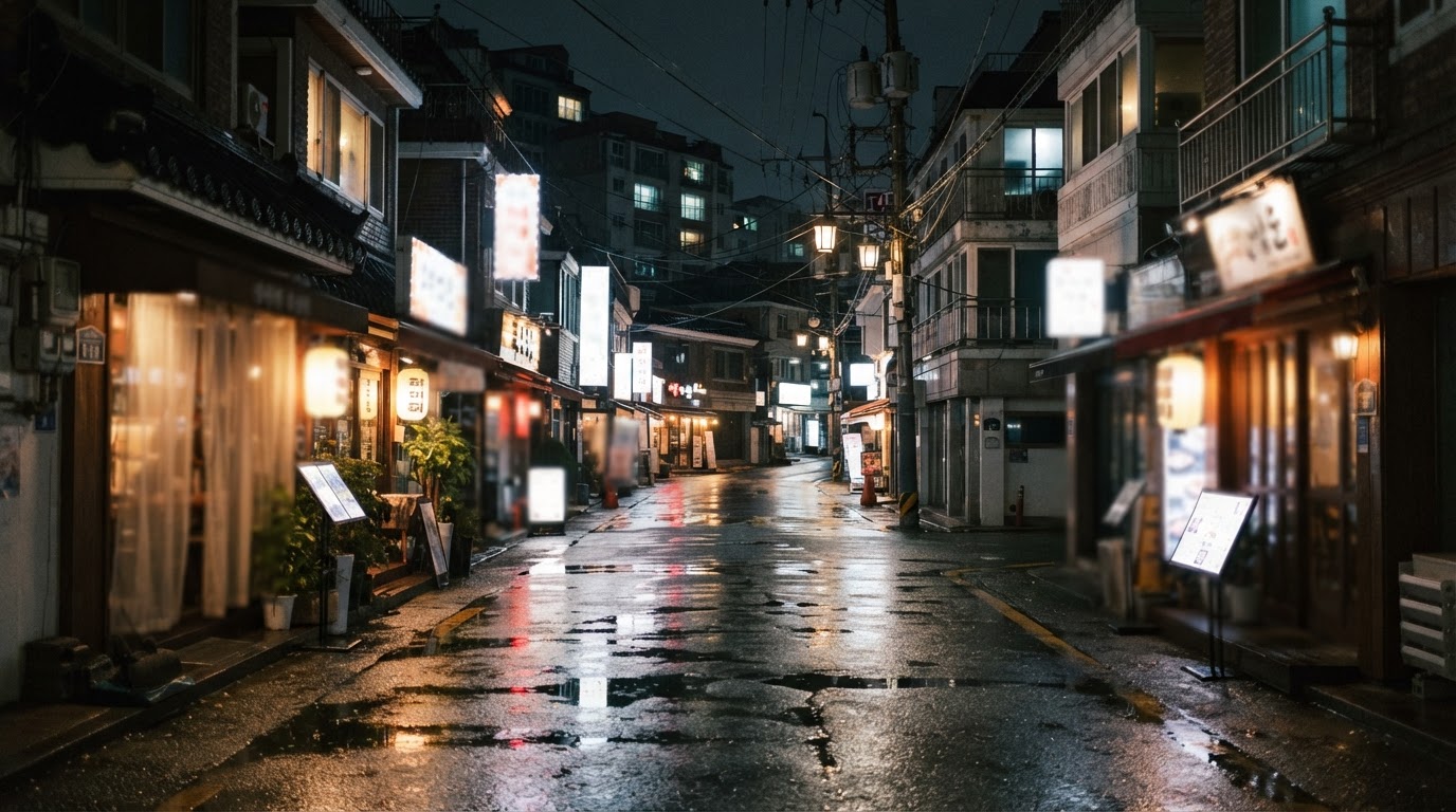 A city street at night in front of a theater, a lit marquee and a dark sidewalk (blank marquee with no text)