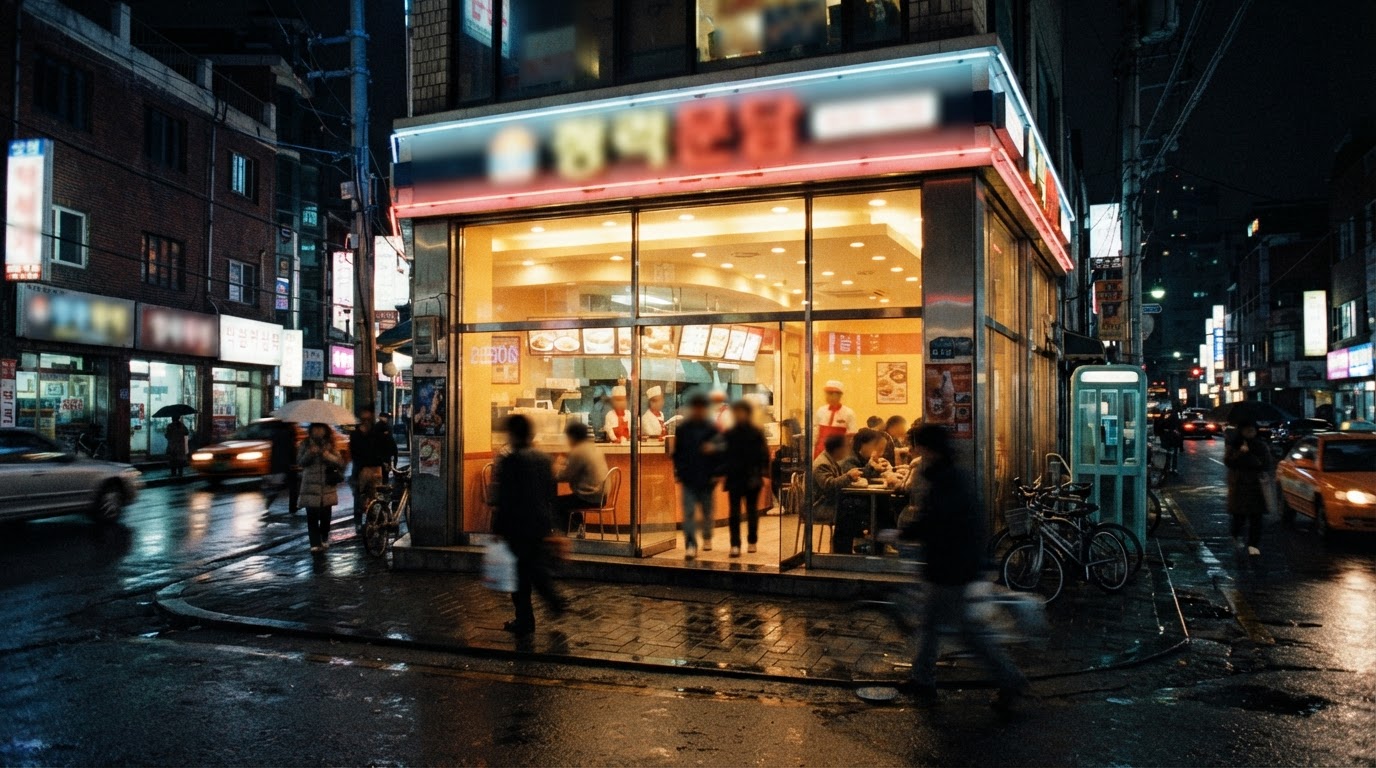 The brightly lit exterior of a downtown fast-food restaurant at night, light spilling through the glass