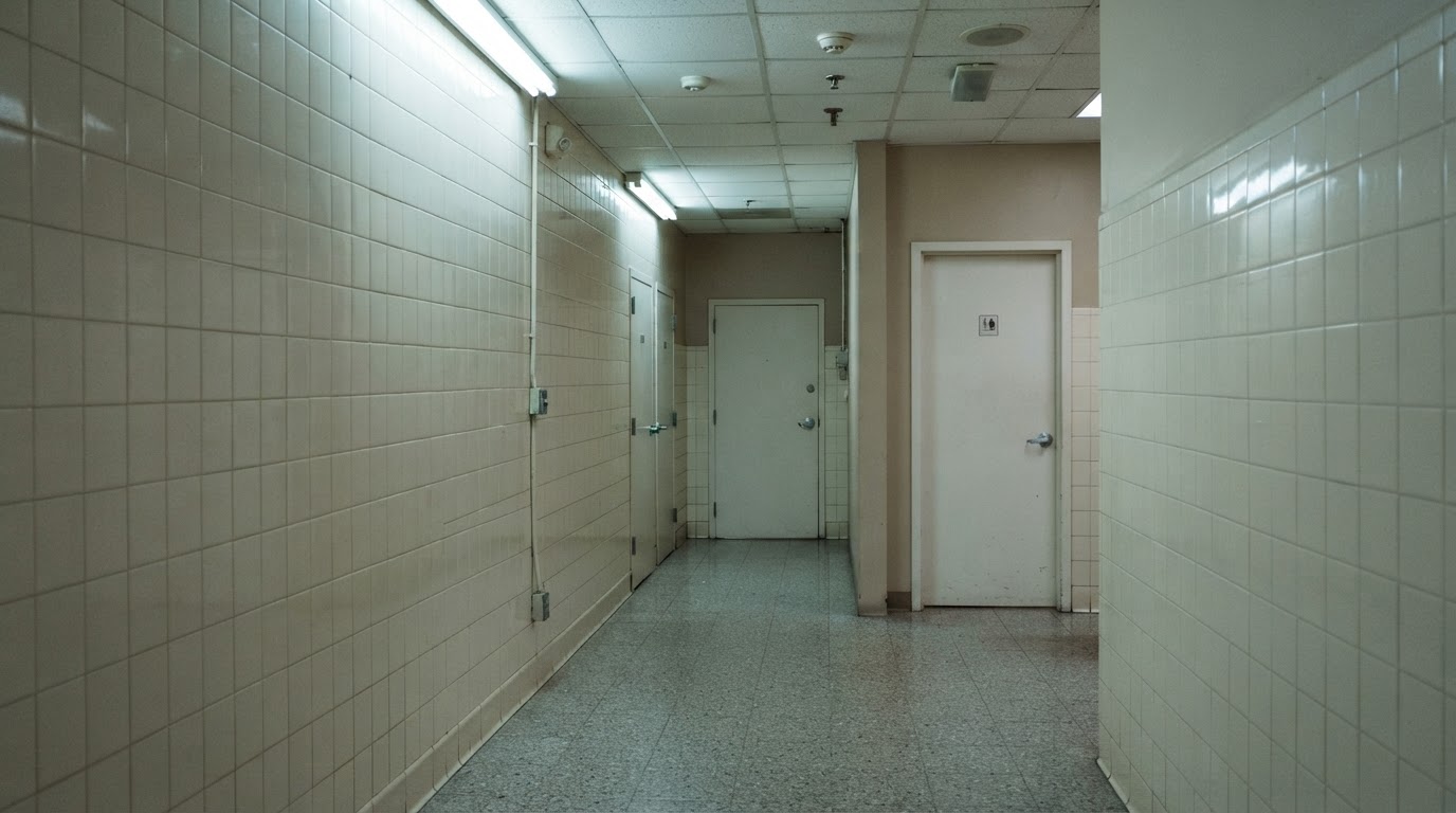 Inside a downtown commercial building, a corridor lit by cool light leading toward a small restroom (neutral, non-violent)