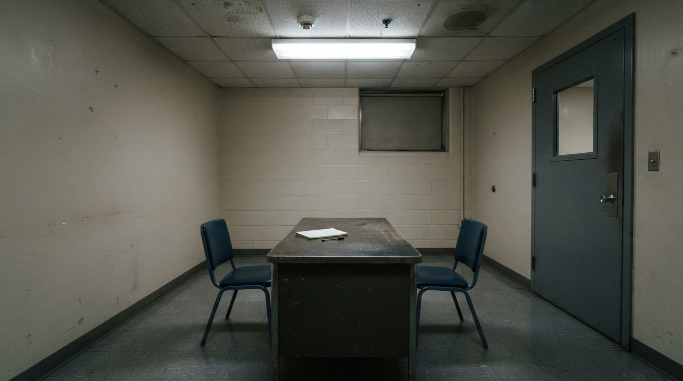 A worn desk in a police interview room with two facing chairs, a cold light from above
