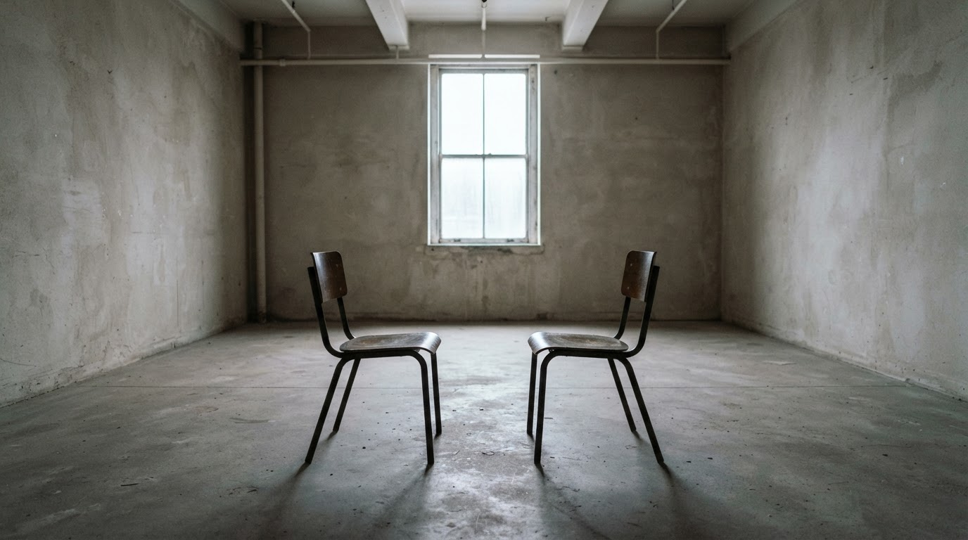 Two empty chairs placed facing each other in a bare room, a symbolic composition of mutual accusation