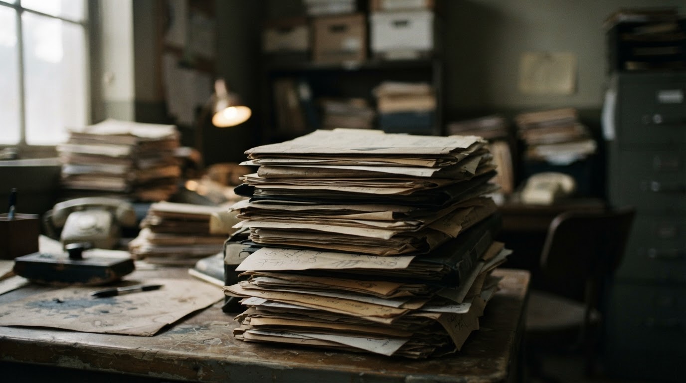 A stack of old case documents on a desk, the text deliberately blurred and illegible (no readable text)