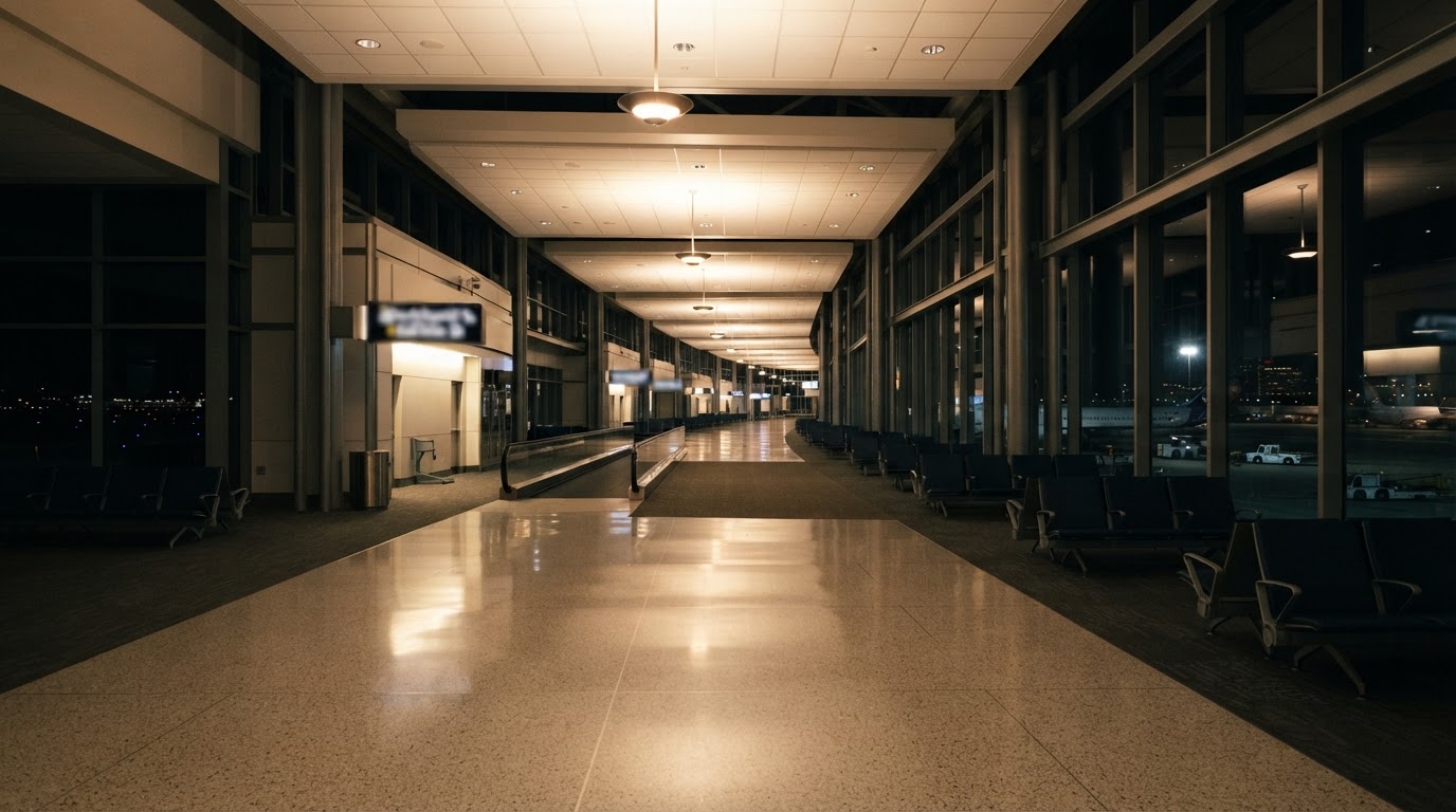 An airport departure hall at night, a wide lit corridor and an empty gate receding into the distance (symbolizing flight)