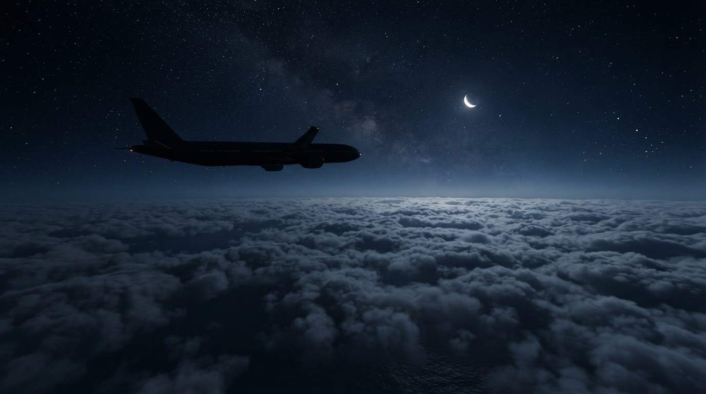 The silhouette of an airplane flying above night clouds, symbolizing a long route across the Pacific