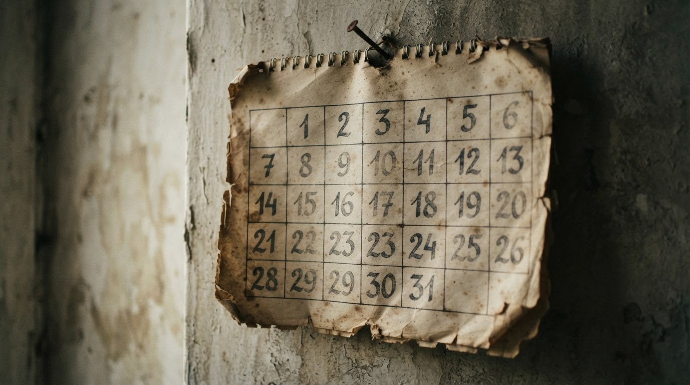 An old calendar with its numbers and dates blurred away, a wall marking the passage of years (no readable text)