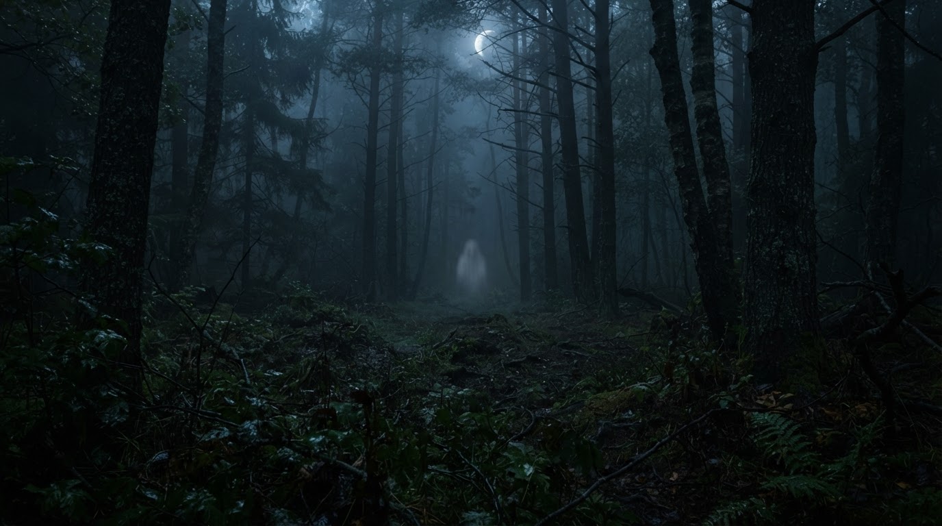 A vague, pale, long-haired shape barely visible far between distant tree trunks in thick fog — impossible, in the end, to say whether it is there at all.