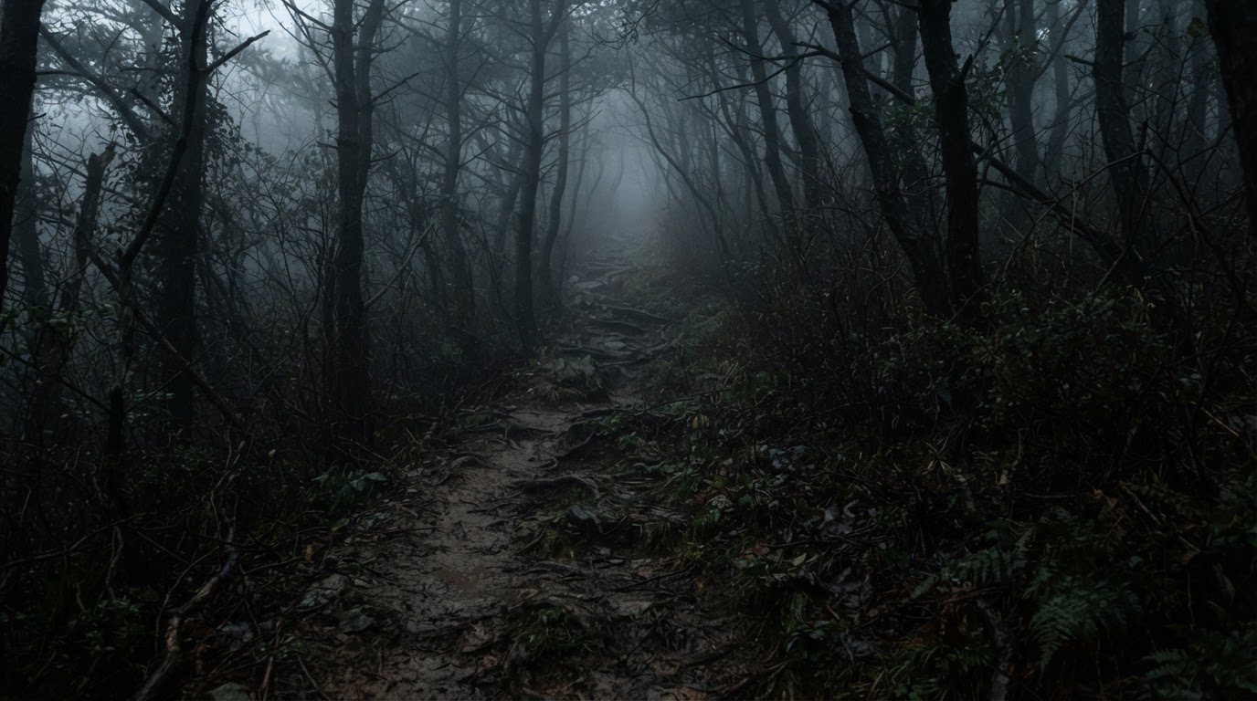 A fog-shrouded dirt trail winding uphill into dark, dense woods at dusk — the last stretch walked by those who got lost on that mountain.