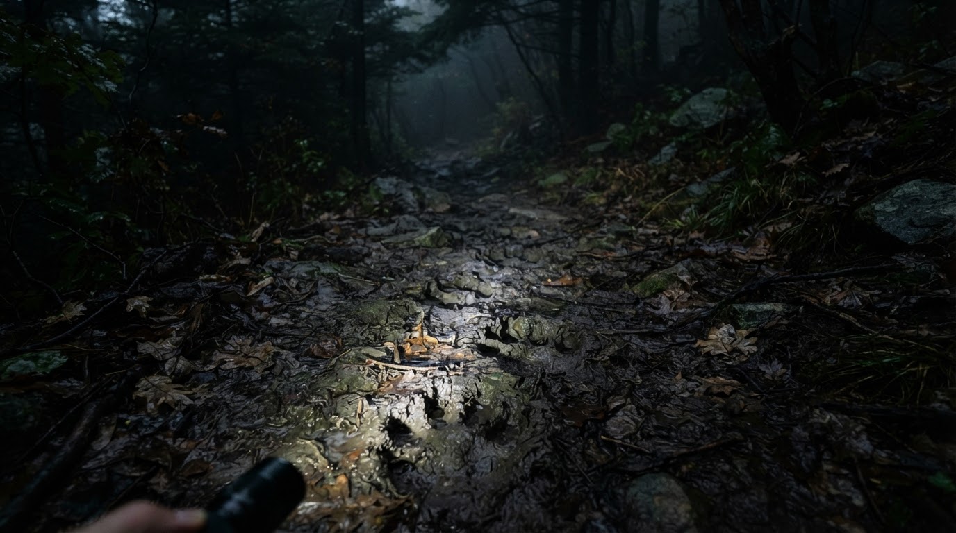 Large, unidentifiable animal footprints pressed into wet mud on a night trail, raked by a flashlight beam.