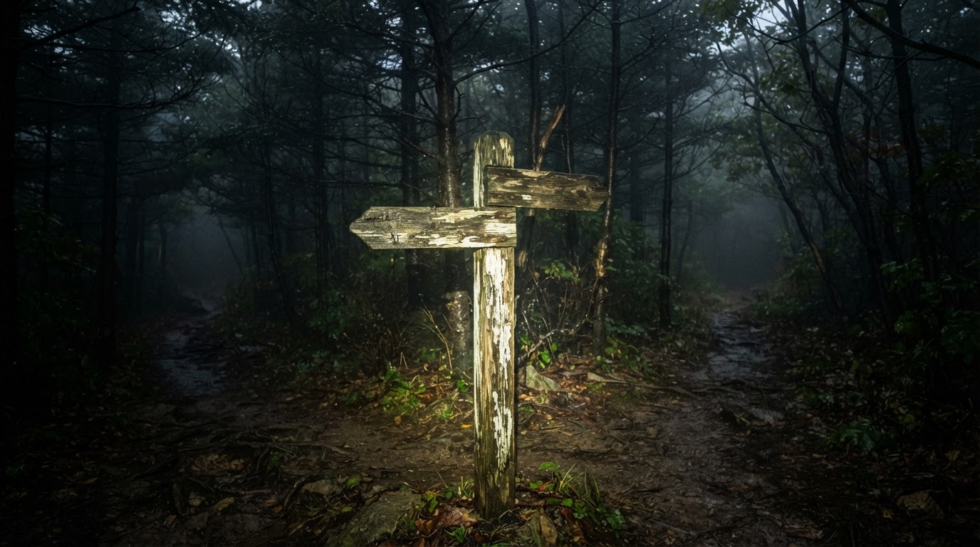 An old, weathered wooden signpost with blank boards at a foggy fork in the trail — offering no answer, whichever way you turn.