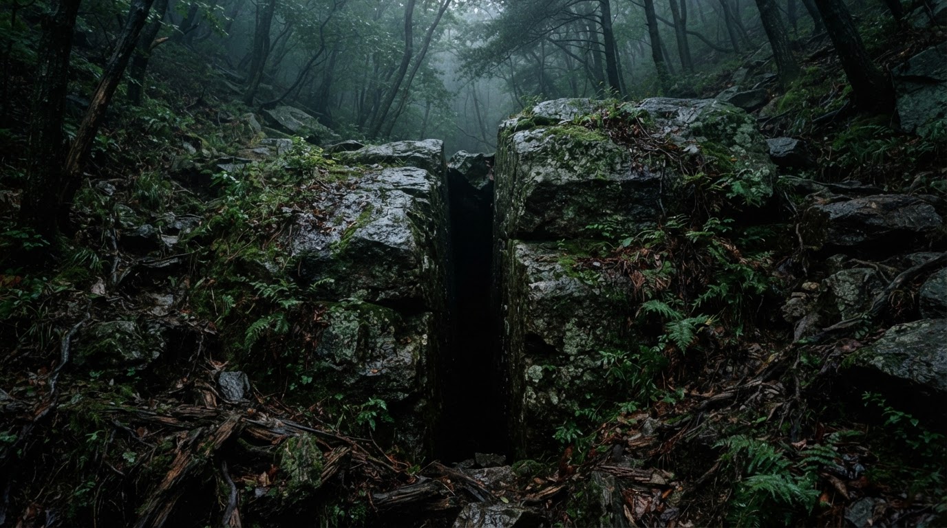 An impossibly narrow black crevice between huge mossy boulders — the legend says it flattens its body to slip through gaps like this.