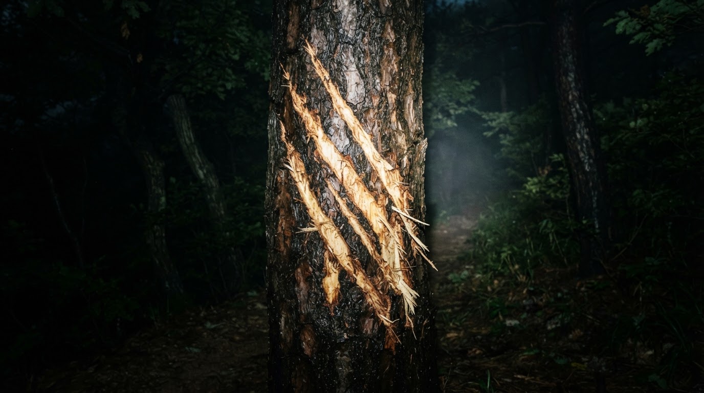 Deep claw scratches gouged into pine bark, raked by a flashlight in the night forest — always one step short of being evidence.