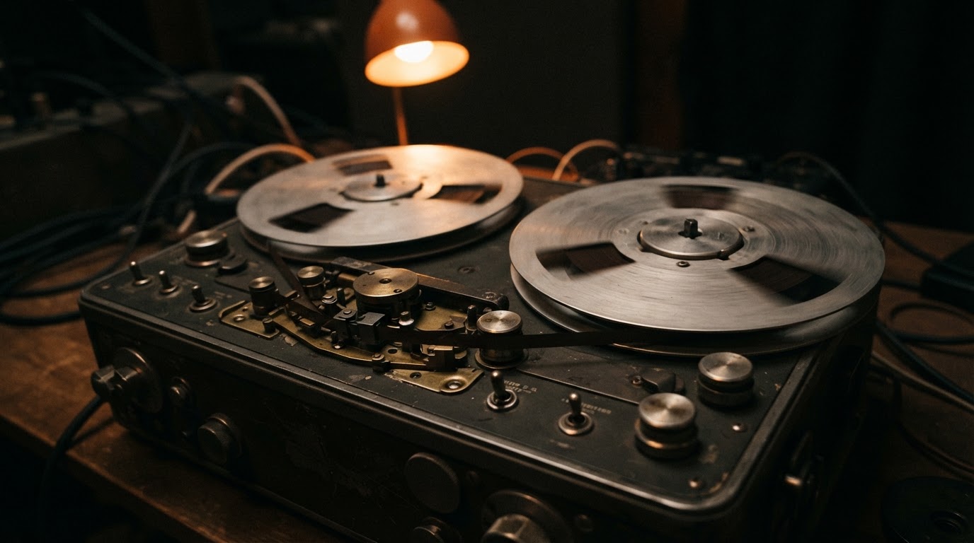 A close-up of the spinning reels of an old open-reel tape recorder, an unlabeled metal case, a mood that evokes a black box