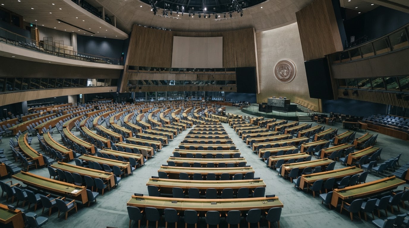 A wide hall of empty seats reminiscent of a United Nations chamber, seen from a distance, calm lighting, no people