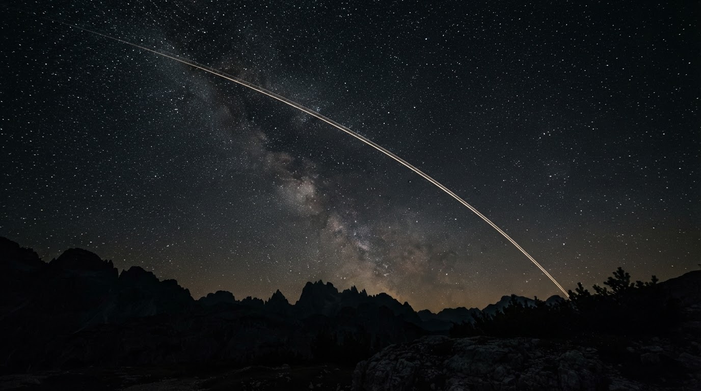 Stars in the night sky and a single long ribbon of light stretching out like a flight path, quiet and far away