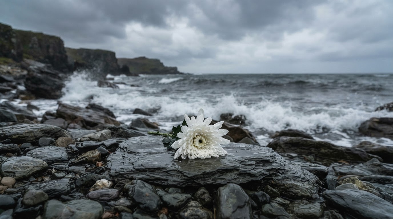 A single chrysanthemum laid before the gray waves of a Sakhalin coast, a low sky, still