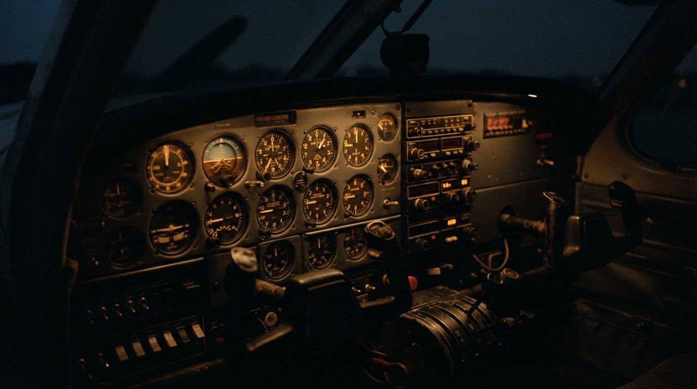 The faint glow of a darkened cockpit instrument panel, retro analog gauges and dials, the lettering blurred and unreadable