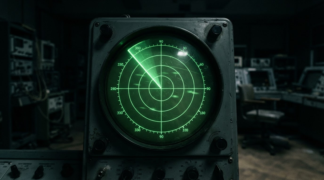 A night air-defense radar scope with a green sweep line rotating in a circle, close-up, no symbols or text