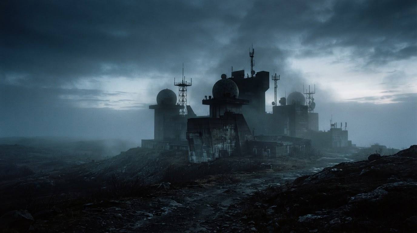 The silhouette of a Cold War concrete radar station, low domes and antennas half-swallowed by fog, no people