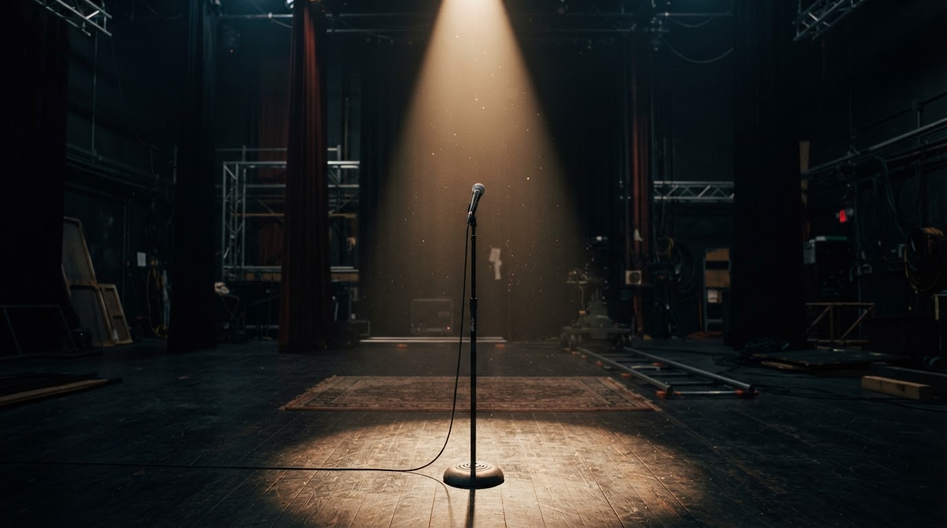 A 1990s-style broadcast stage. A single stand microphone sits under a fall of stage light. No people.