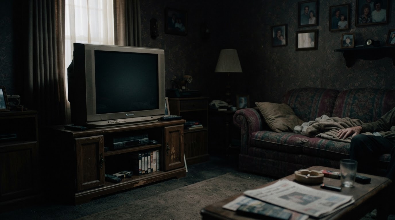A dark 1990s-style living room. A switched-off cathode-ray television, its screen black.