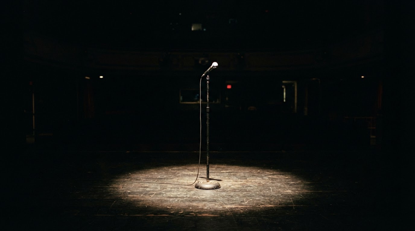 An empty stage, with a single microphone caught in a spotlight. The rest of the stage is entirely dark.