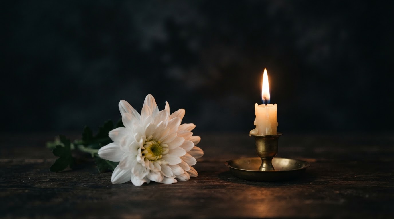 A single white chrysanthemum and a candle set against a dark background. A quiet light of remembrance.