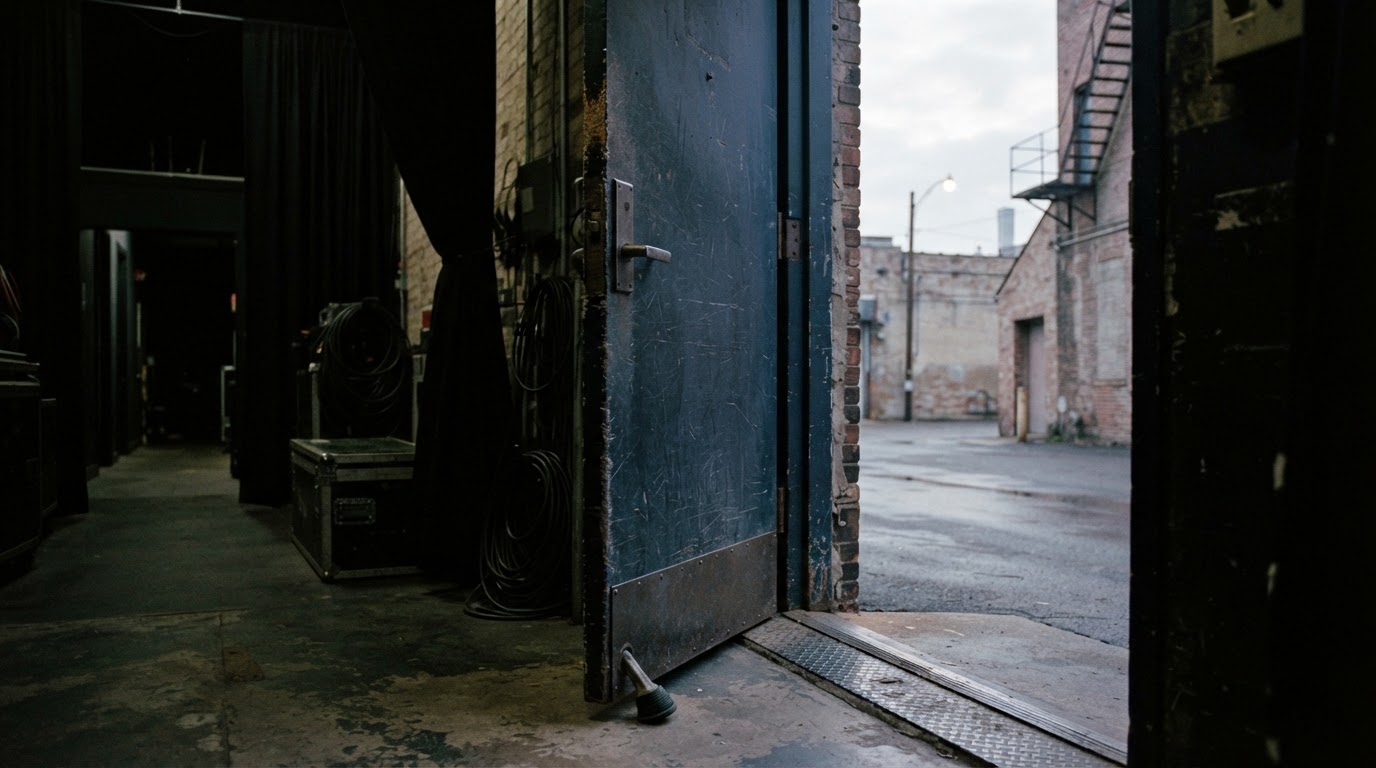A stage-door exit standing open toward the morning sky. Faint light comes through the gap in the door.
