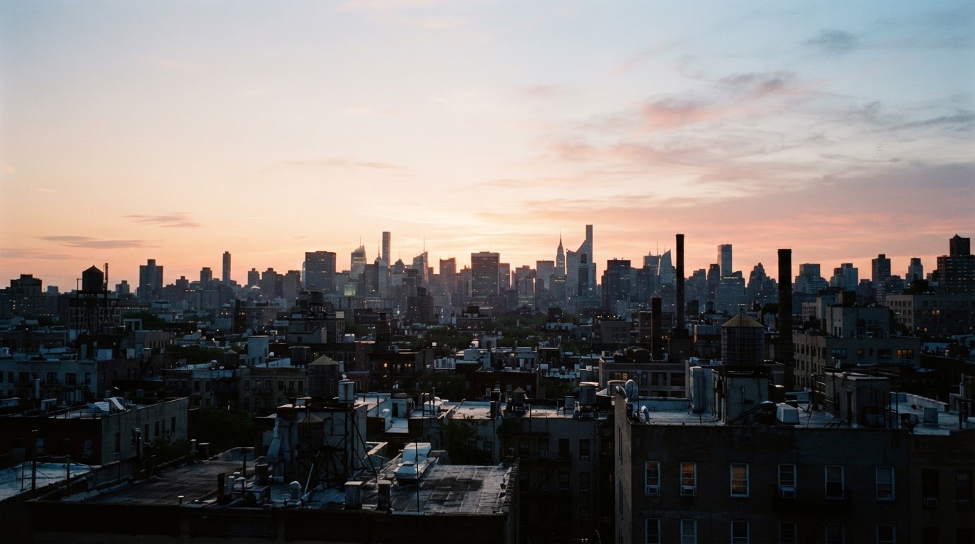 A city sky at daybreak. The dawn spreads quietly above the horizon.