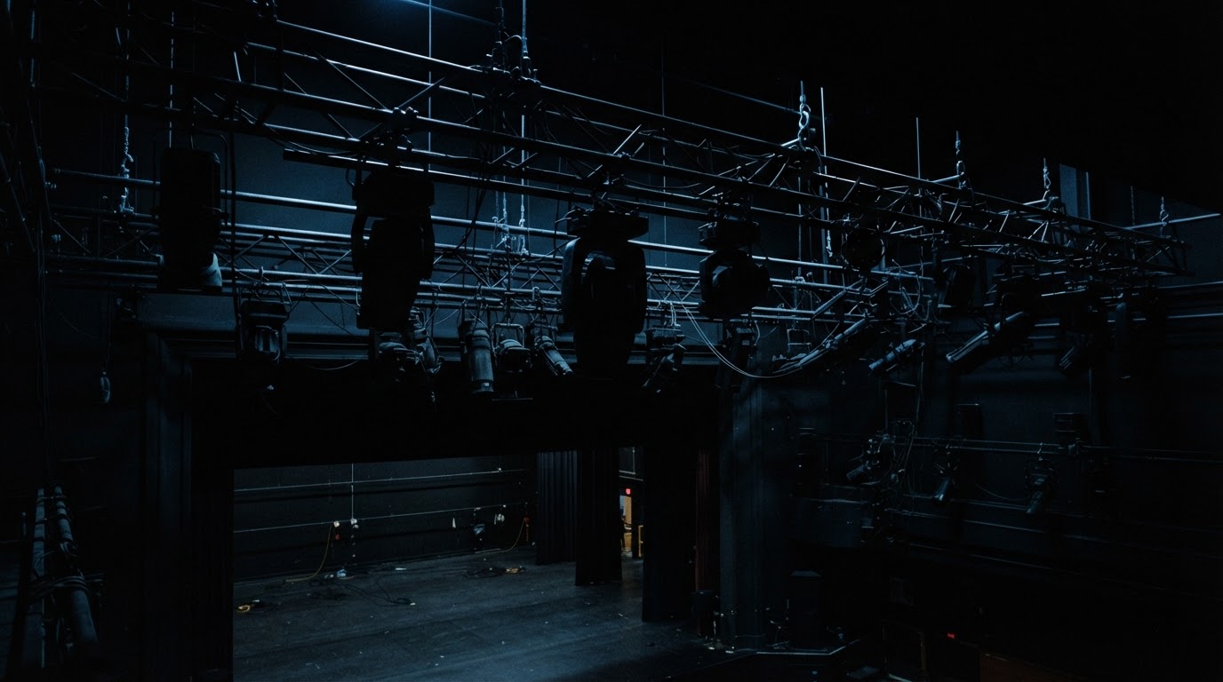 A darkened rig of stage lights, switched off, hanging in shadow. Only a cold silhouette remains.