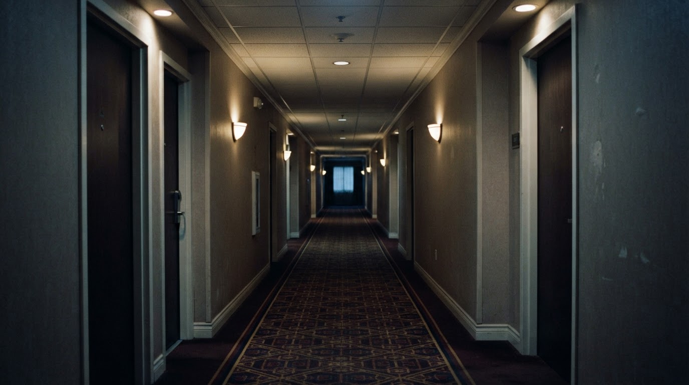 A hotel corridor at dawn. Carpet stretches down the hall, lit low by indirect lamps. No brand, no lettering.