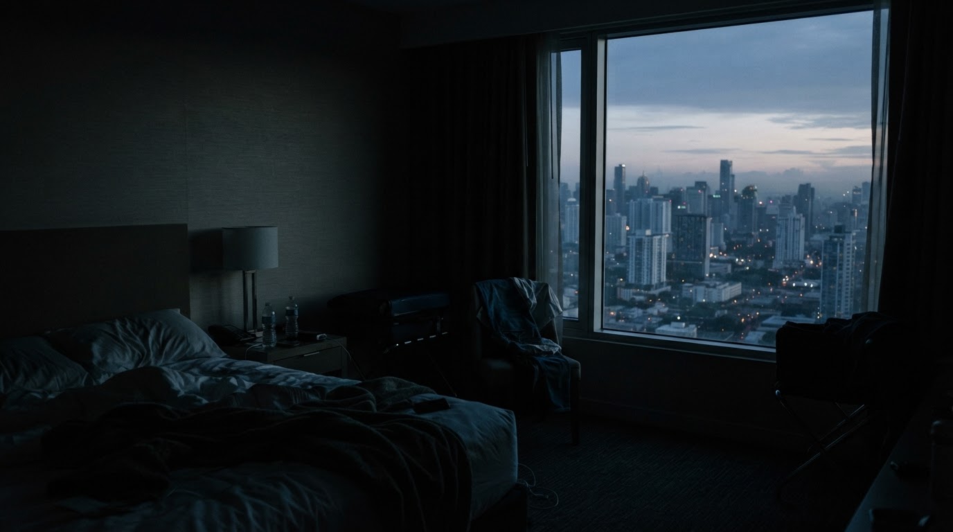 A dim hotel room at dawn, the city outside just beginning to brighten. The interior is dark; only the window edge catches faint light.