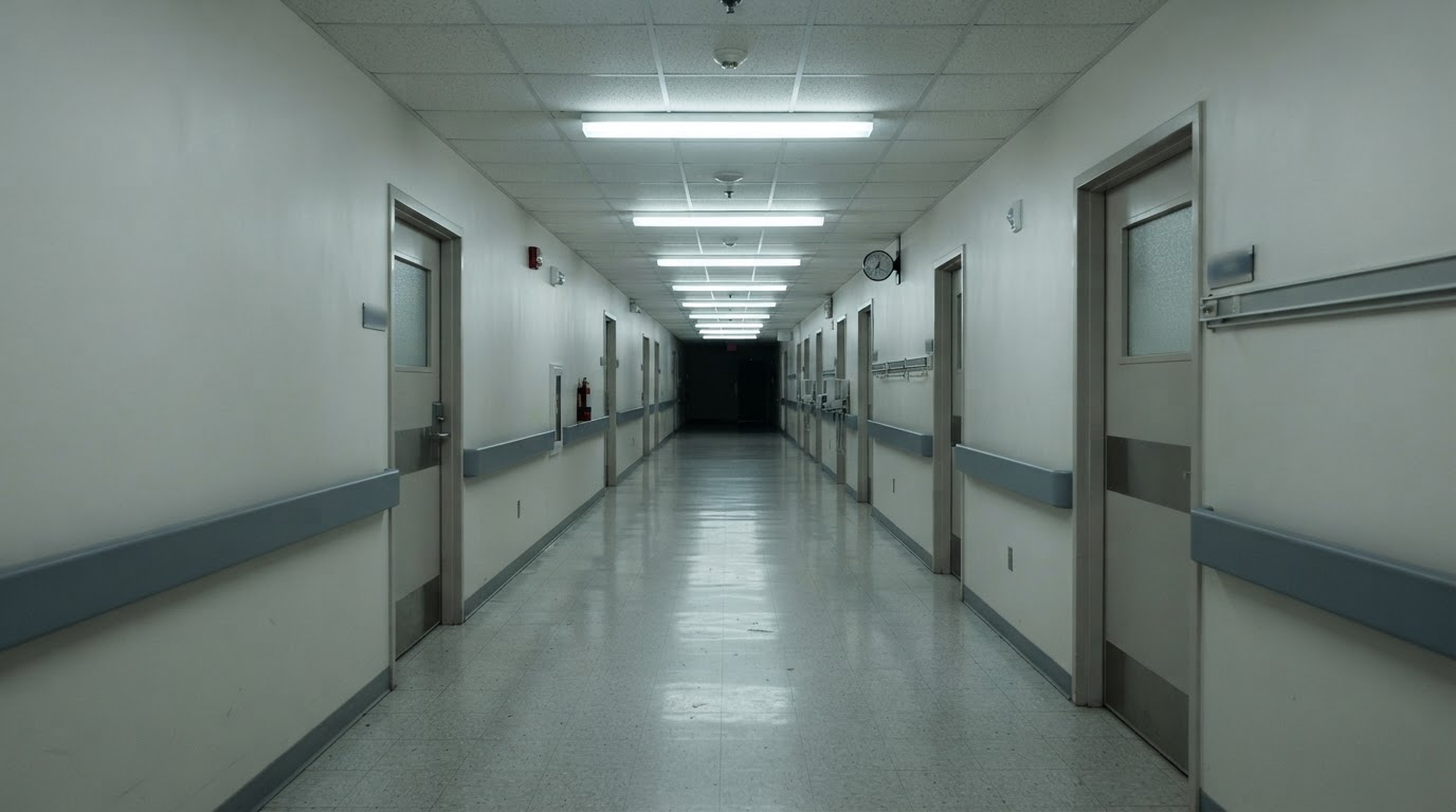 A hospital corridor lit in cold light. Empty of people, only a long row of lamps.