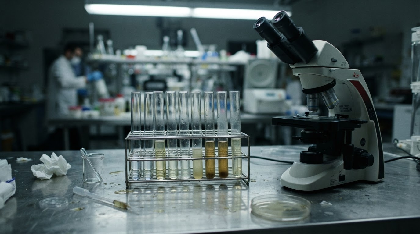 A forensic-lab still life. Test tubes and a microscope, unlabeled. Cold lighting.