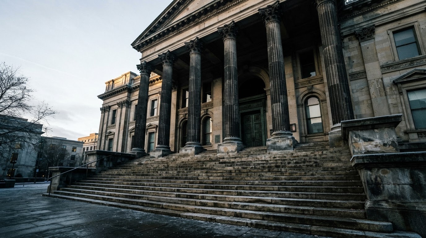 The stone steps and heavy columns of a courthouse. No people; only cold light settling on the stairs.