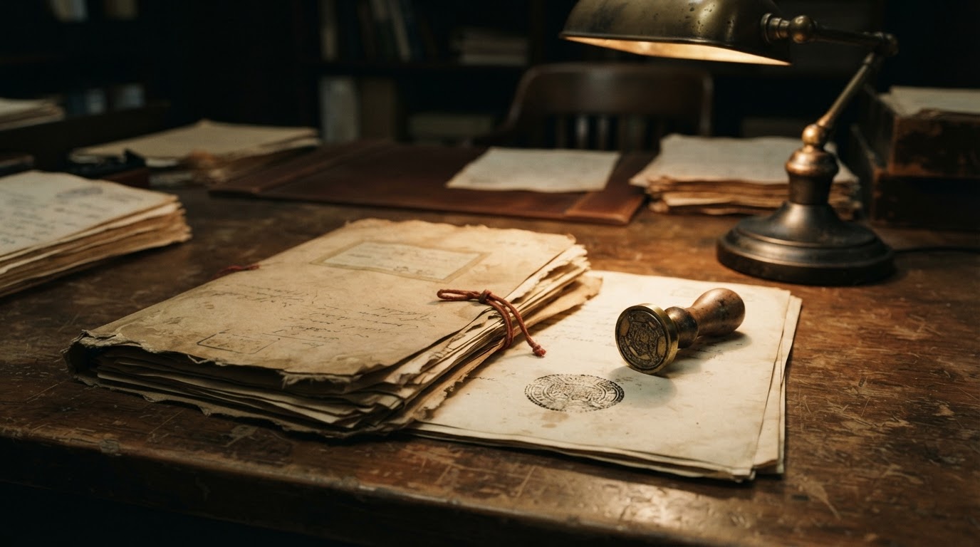 An old file folder and a seal stamp on a desk. No legible text.