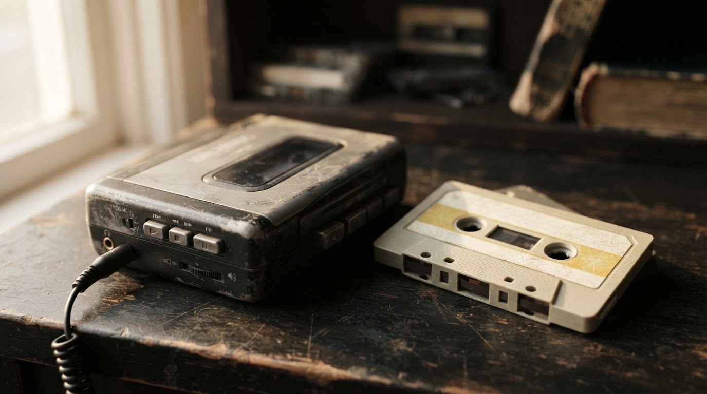 A still life of an unlabeled old cassette tape and a Walkman. An afterimage of the nineties.