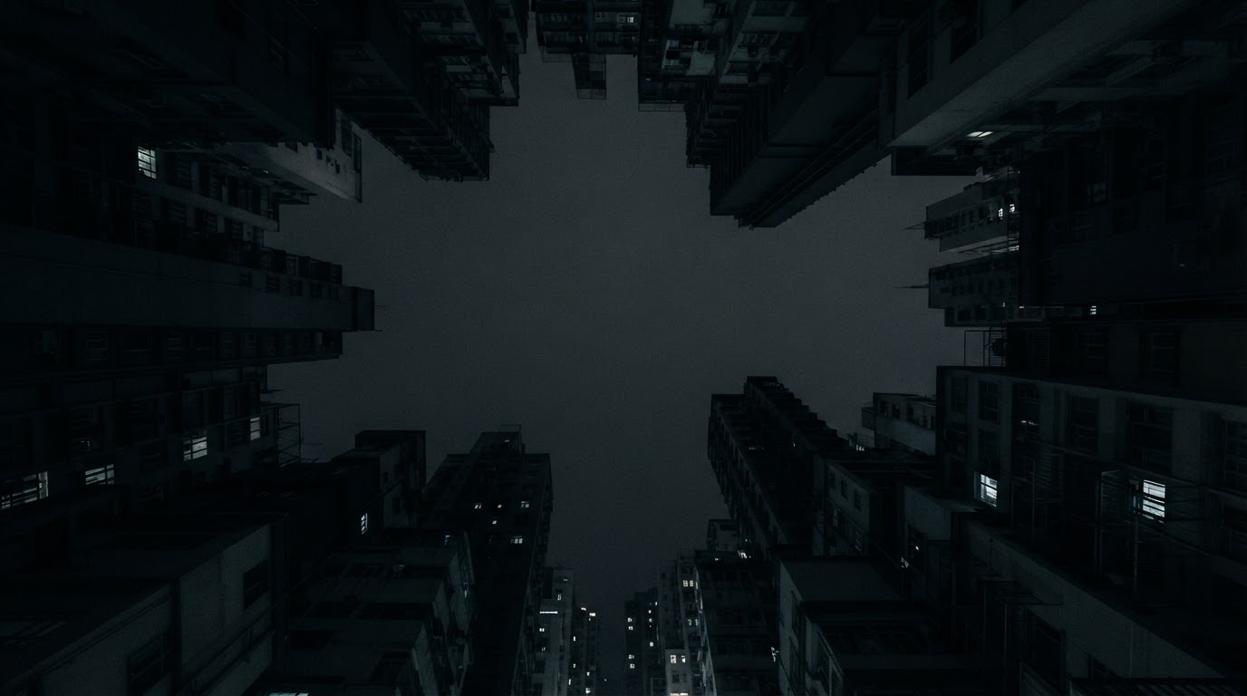 City building silhouettes framing the shot, an empty night sky looked up at between them