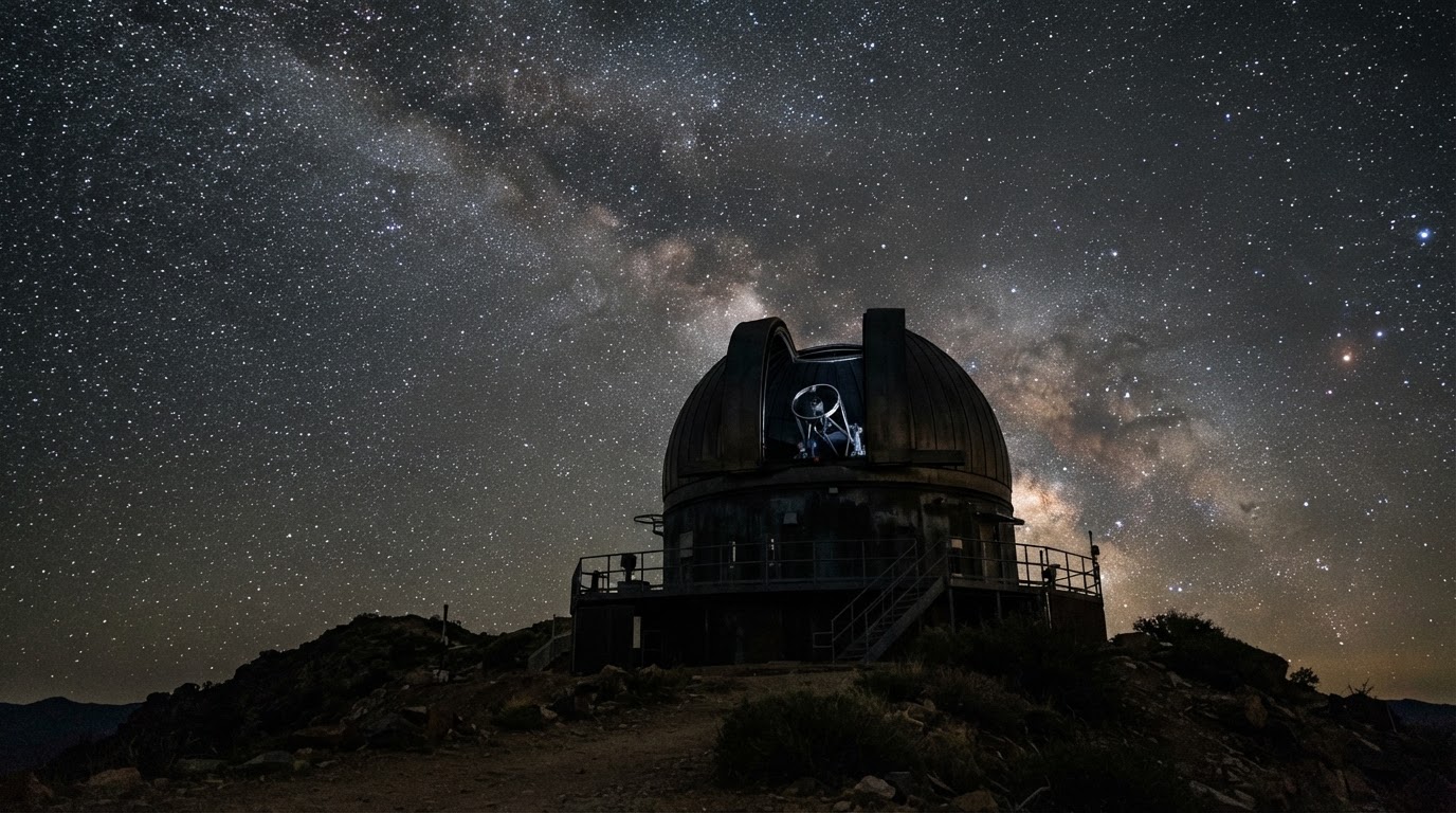 The round dome of an observatory standing in silhouette under starlight, its observation slit open toward the sky
