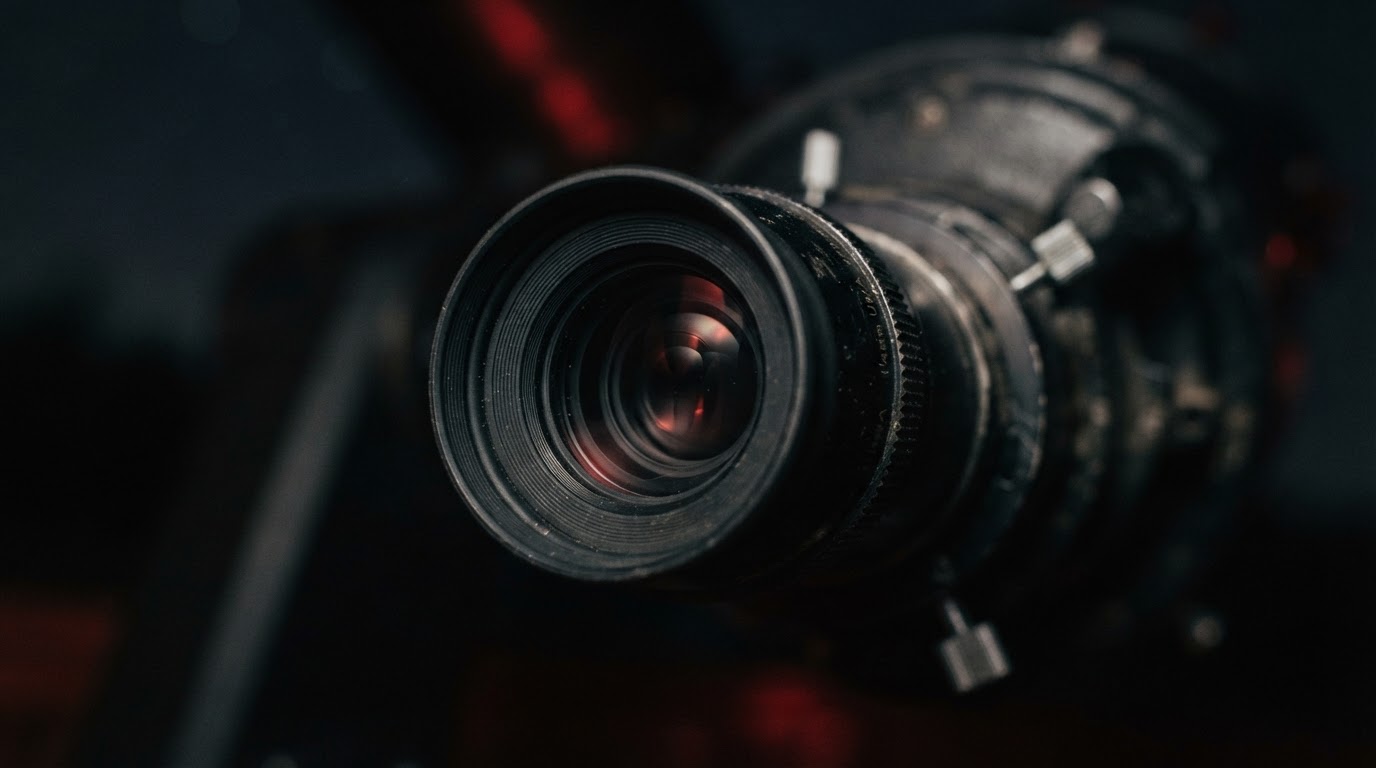 An extreme close-up of a telescope eyepiece, dim light caught in the glass