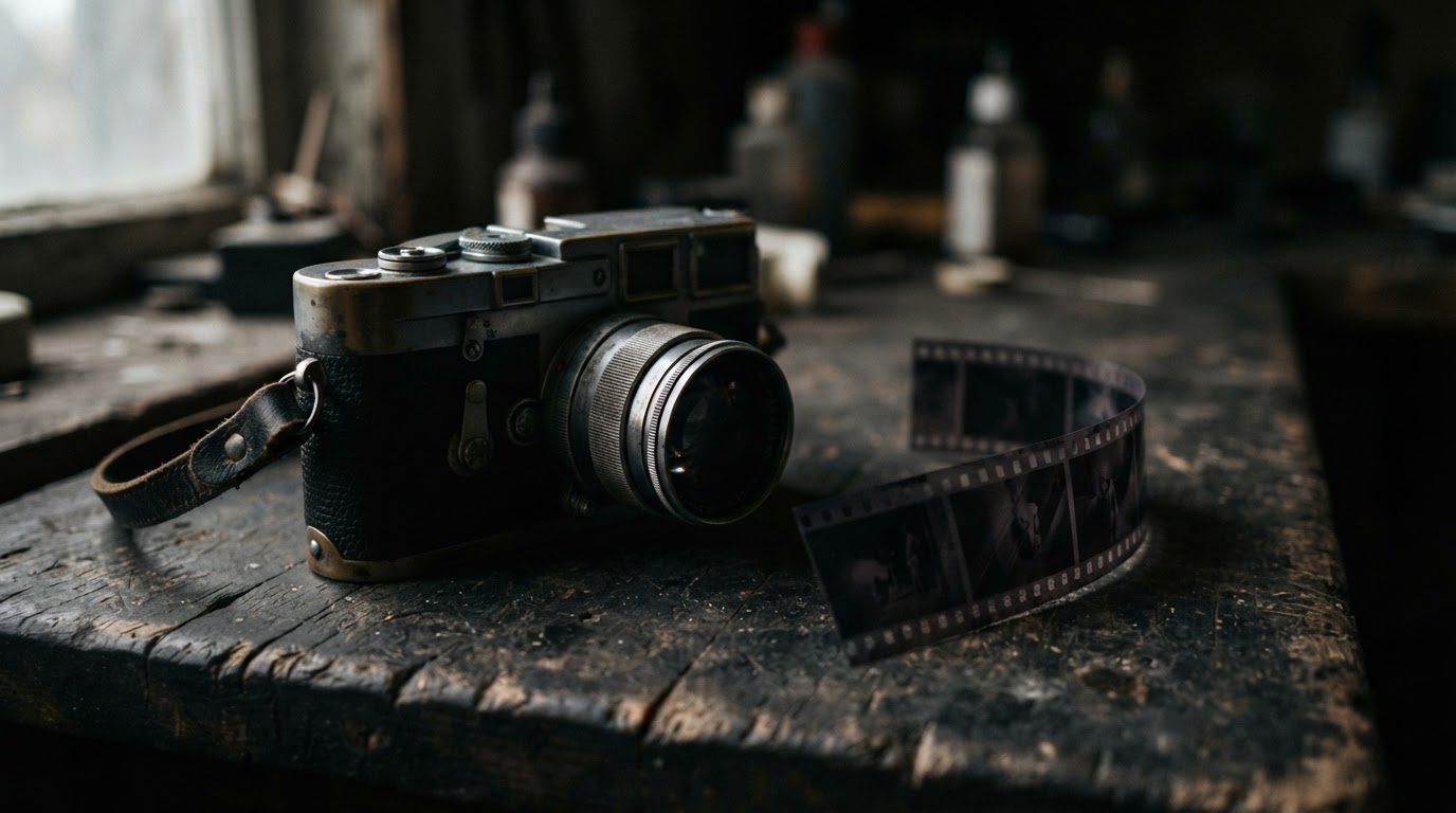 An old film camera beside a single strip of negative film laid on a surface, the images on the film not visible