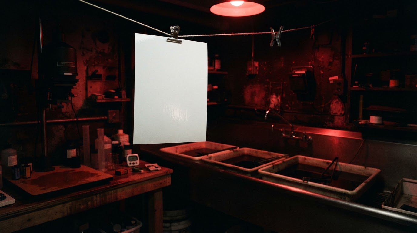 The red glow of a darkroom safelight, a print hanging to dry on a clip, the image not yet risen on the paper