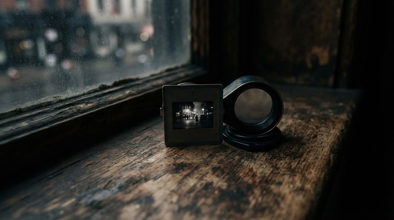 A magnifying loupe and a film slide on an old wooden windowsill, only the grain of the film blurring faintly in the light